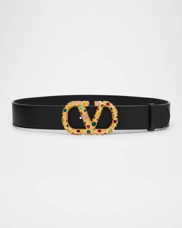 V-Logo Signature Embellished Leather Belt